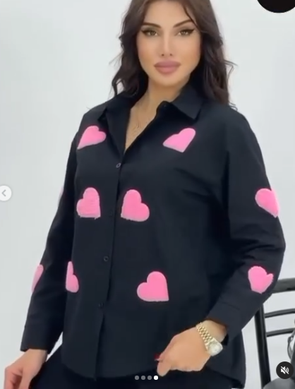 Women's Button Down Collared  Long Sleeve Shirts With 3D Heart Design